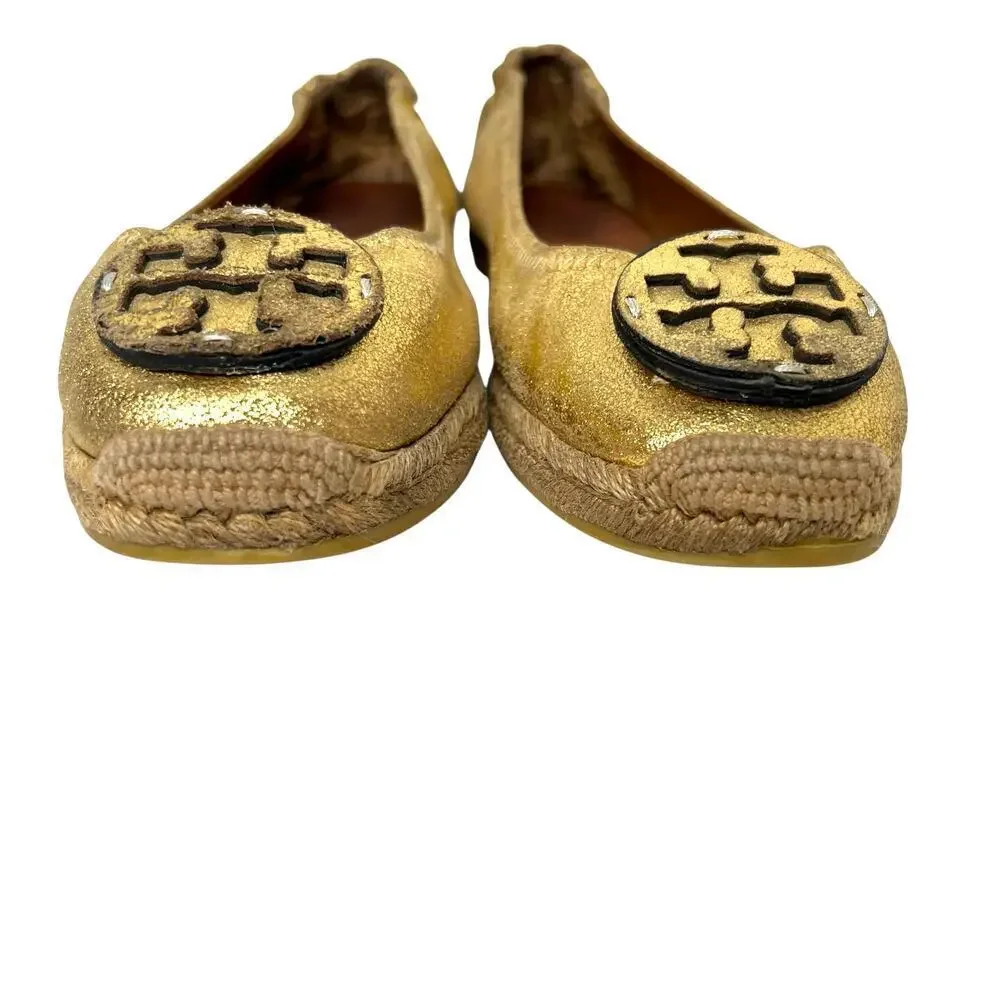 TORY BURCH The Reva Crackled Metallic Leather Espadrilles Women's Size 9.5 M
